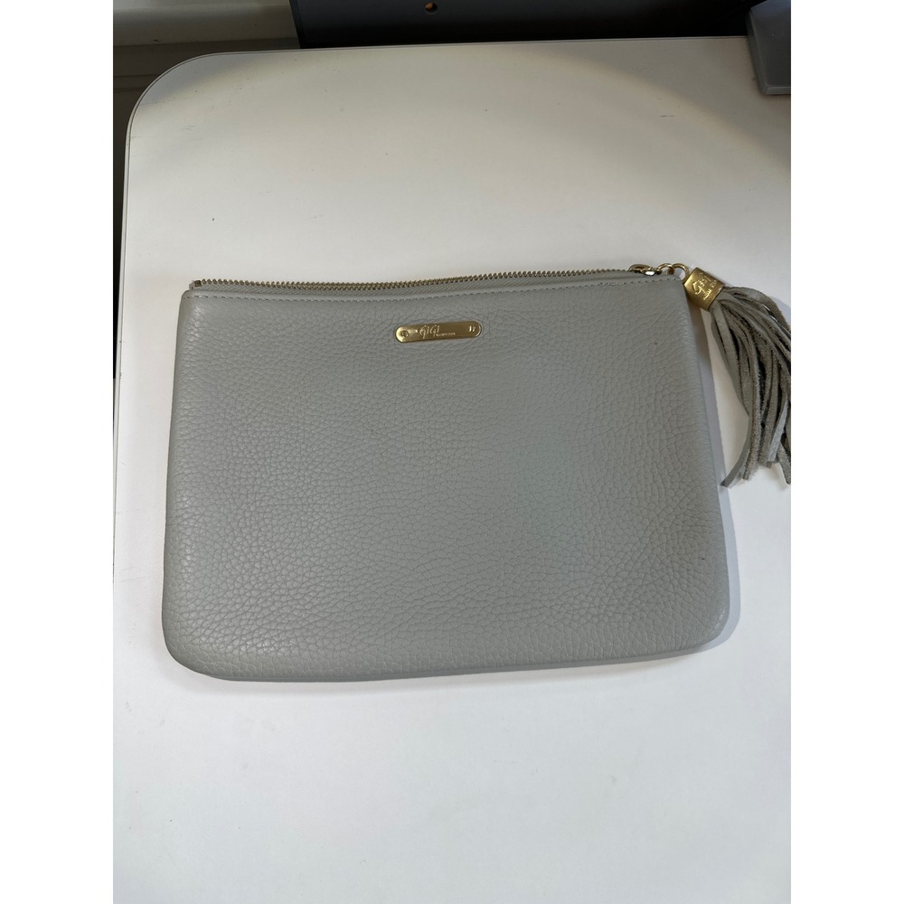 Gigi New York Grey Pebbled Leather Tassel Clutch Zip Top Pouch Gold Hardware